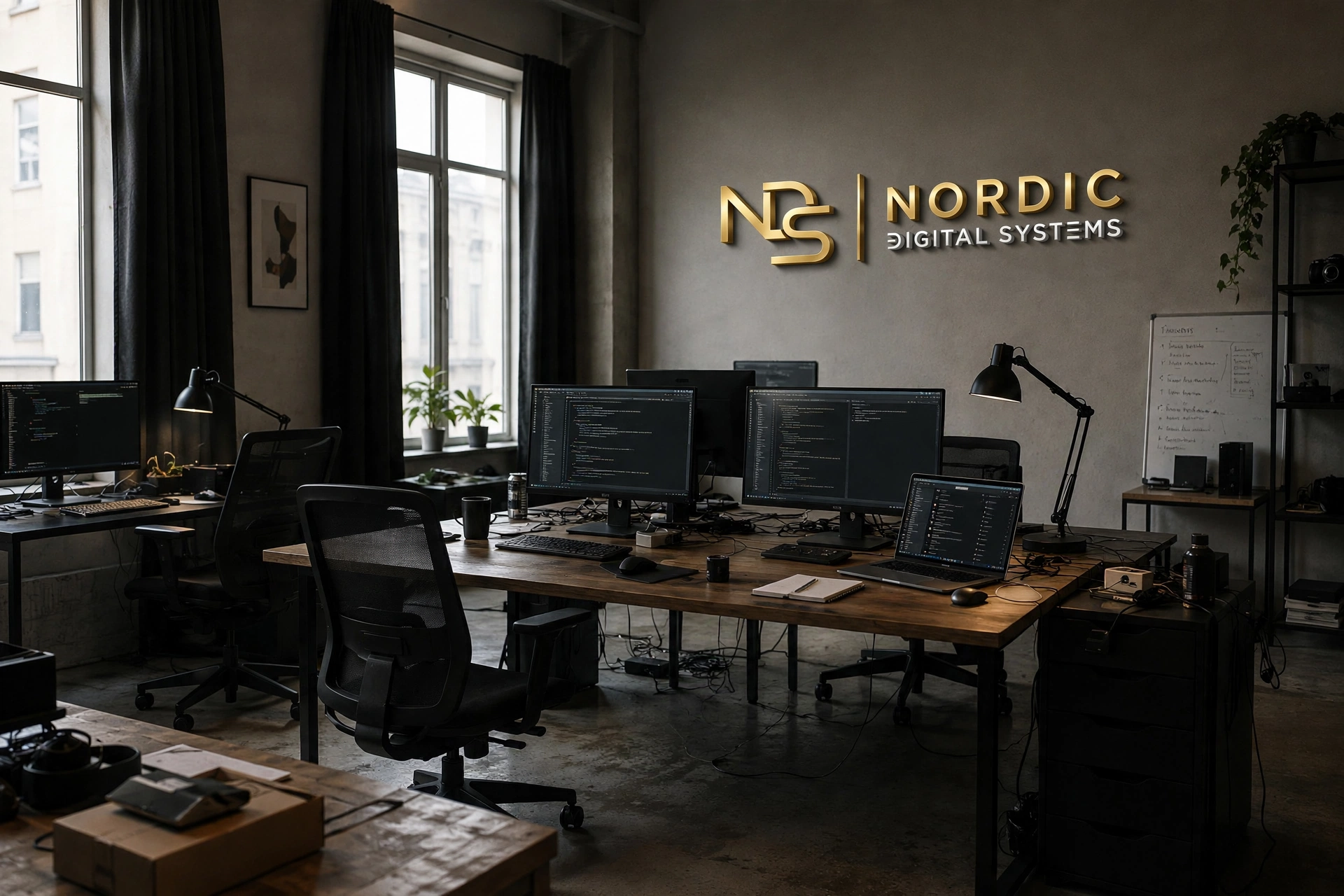 Nordic Digital Systems kontor med utvecklingsmiljö och logotyp på väggen