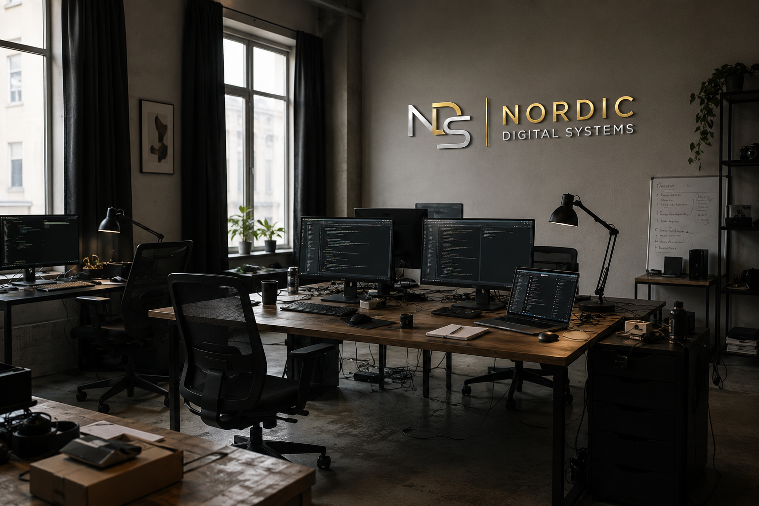 Studio med utvecklingsmiljö och flera skärmar